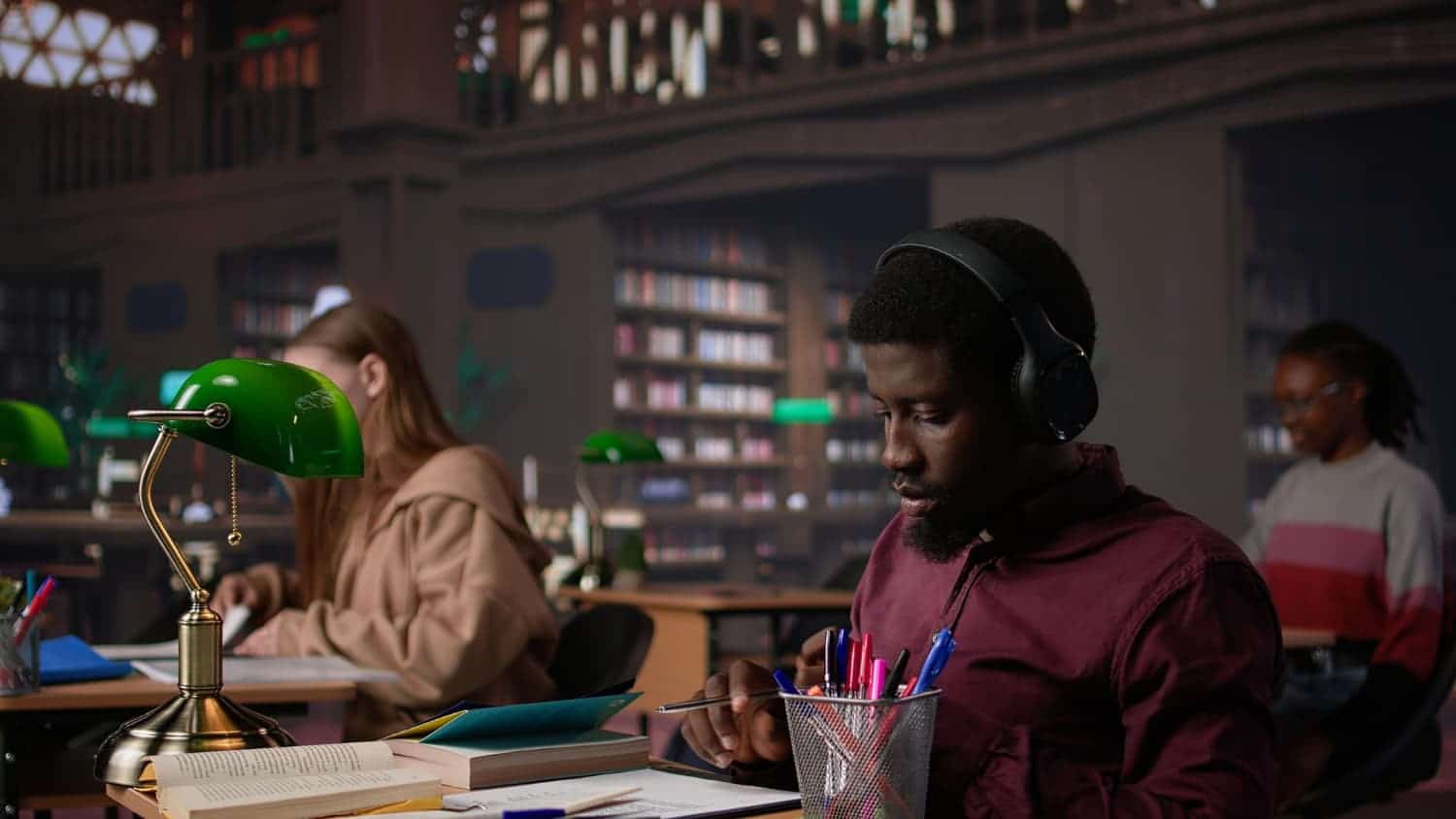 A focused student learning with headphones in a library